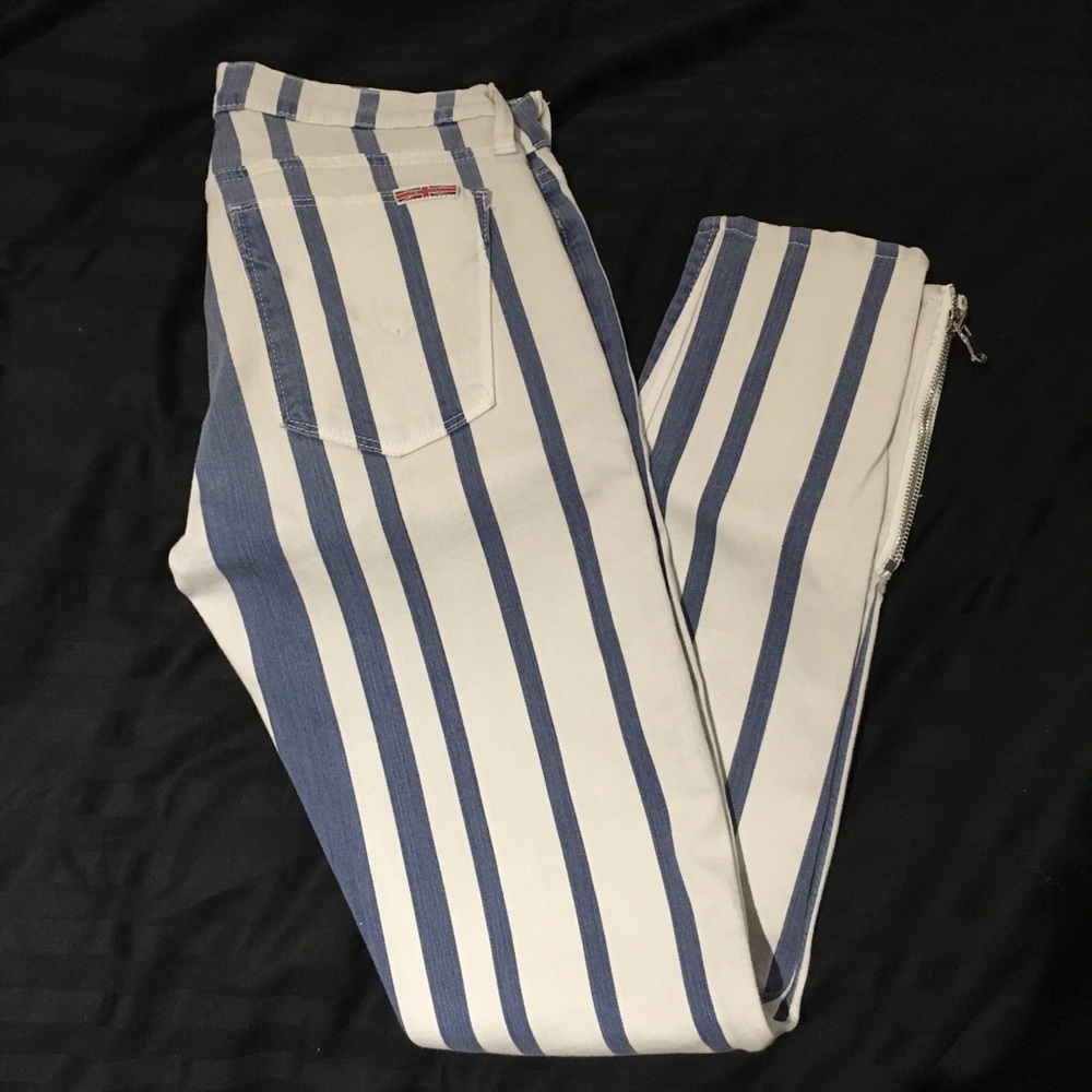 Hudson striped skinny jeans with zipper bottoms